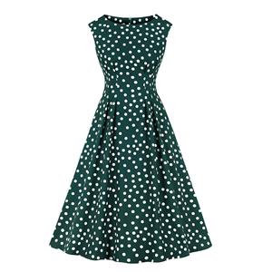 Sexy Dark-green Round Neck Sleeveless Slim Waist Polka Dots Print Summer A-line Dress N20940