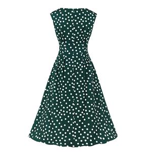 Sexy Dark-green Round Neck Sleeveless Slim Waist Polka Dots Print Summer A-line Dress N20940