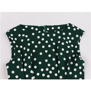 Sexy Dark-green Round Neck Sleeveless Slim Waist Polka Dots Print Summer A-line Dress N20940