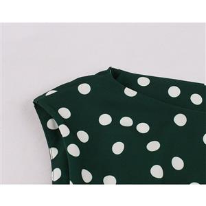 Sexy Dark-green Round Neck Sleeveless Slim Waist Polka Dots Print Summer A-line Dress N20940