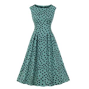 Sexy Light-green Round Neck Sleeveless Slim Waist Polka Dots Print Summer A-line Dress N20941