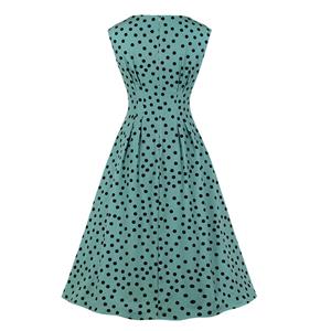 Sexy Light-green Round Neck Sleeveless Slim Waist Polka Dots Print Summer A-line Dress N20941