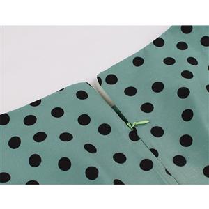 Sexy Light-green Round Neck Sleeveless Slim Waist Polka Dots Print Summer A-line Dress N20941