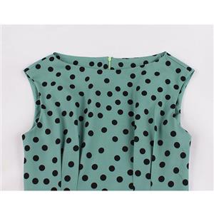 Sexy Light-green Round Neck Sleeveless Slim Waist Polka Dots Print Summer A-line Dress N20941