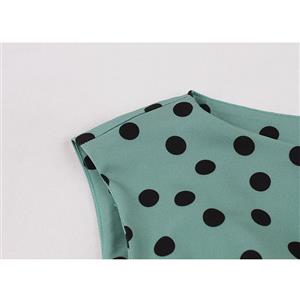 Sexy Light-green Round Neck Sleeveless Slim Waist Polka Dots Print Summer A-line Dress N20941