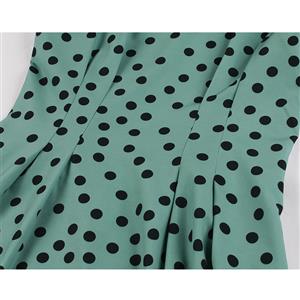 Sexy Light-green Round Neck Sleeveless Slim Waist Polka Dots Print Summer A-line Dress N20941