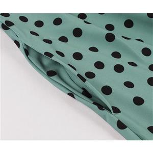 Sexy Light-green Round Neck Sleeveless Slim Waist Polka Dots Print Summer A-line Dress N20941