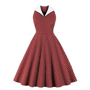 Sexy Palace Wind Lapel Sleeveless Slim Waist Polka Dots Print Summer A-line Dress N20957