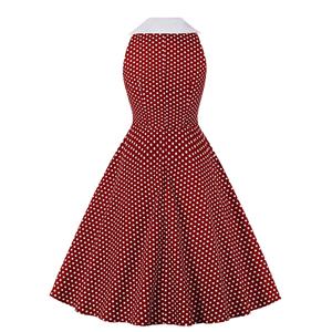 Sexy Palace Wind Lapel Sleeveless Slim Waist Polka Dots Print Summer A-line Dress N20957