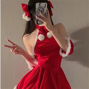 Red Sweetheart Dew Shoulder Hanging Neck Santa Girl Mini Dress Christmas Costume XT22547