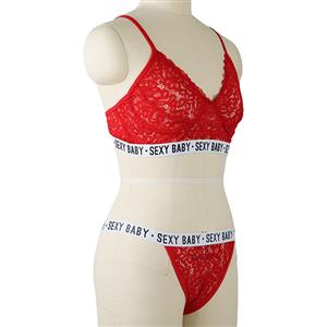 Sexy Red Floral Lace Spaghetti Straps Stretch Letters Underwear Two Pieces Lingerie Set N21274
