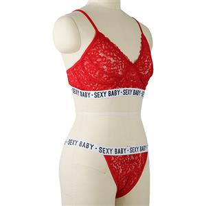 Sexy Red Floral Lace Spaghetti Straps Stretch Letters Underwear Two Pieces Lingerie Set N21274