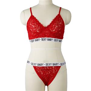 Sexy Red Floral Lace Spaghetti Straps Stretch Letters Underwear Two Pieces Lingerie Set N21274