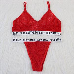 Sexy Red Floral Lace Spaghetti Straps Stretch Letters Underwear Two Pieces Lingerie Set N21274