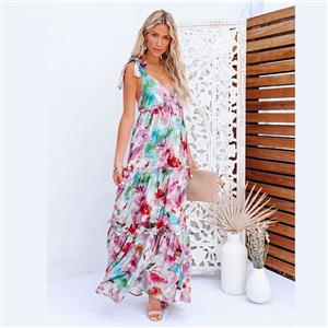 Sexy Tie Dye Print Lace-up Shoulder Straps V Neck Backless Fungus Trim Swing Maxi Dress N21190