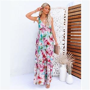 Sexy Tie Dye Print Lace-up Shoulder Straps V Neck Backless Fungus Trim Swing Maxi Dress N21190