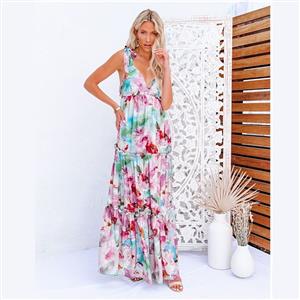 Sexy Tie Dye Print Lace-up Shoulder Straps V Neck Backless Fungus Trim Swing Maxi Dress N21190