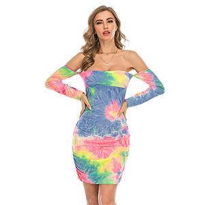 Sexy Multicolor Tie-dye Print Off The Shoulder Long Sleeve Package Hip Dress N20635