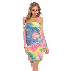 Sexy Multicolor Tie-dye Print Off The Shoulder Long Sleeve Package Hip Dress N20635