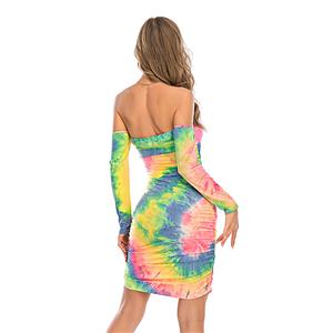 Sexy Multicolor Tie-dye Print Off The Shoulder Long Sleeve Package Hip Dress N20635