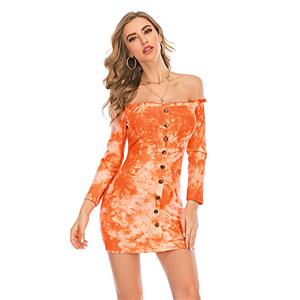 Sexy Orange Tie-dye Print Off The Shoulder Long Sleeve Front Button Package Hip Dress N20637