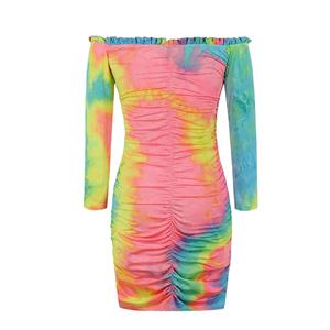 Sexy Tie-dye Print Off The Shoulder Long Sleeve Ruffle Pleated Package Hip Dress N20641