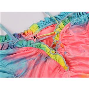 Sexy Tie-dye Print Off The Shoulder Long Sleeve Ruffle Pleated Package Hip Dress N20641