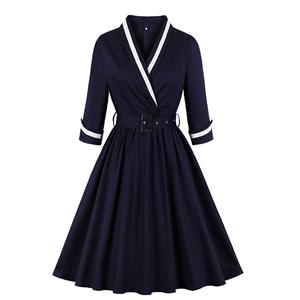 Vintage Dark-blue V-neck 7-point Sleeve High Waist Belt Midi A-line Dress N19411