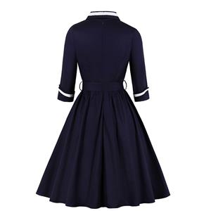 Vintage Dark-blue V-neck 7-point Sleeve High Waist Belt Midi A-line Dress N19411