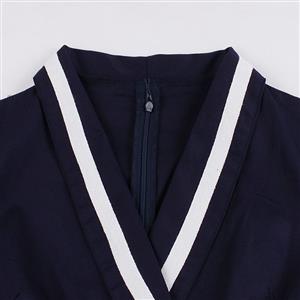 Vintage Dark-blue V-neck 7-point Sleeve High Waist Belt Midi A-line Dress N19411