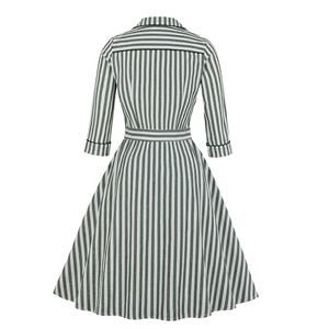 Retro Green and White Striped Lapel Long Sleeve High Waist Belt Midi Dress N19501