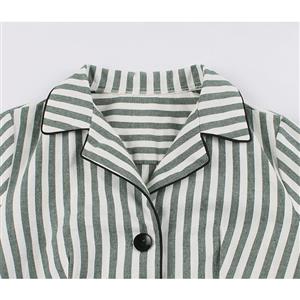Retro Green and White Striped Lapel Long Sleeve High Waist Belt Midi Dress N19501