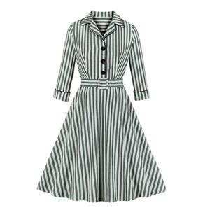 Retro Green and White Striped Lapel Long Sleeve High Waist Belt Midi Dress N19501