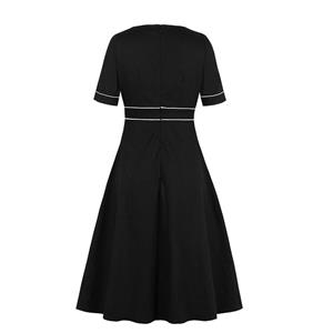 Sexy Lady Black V-Neck Elbow-Sleeve Button Line Decoration High Waist Daily Dress N19408