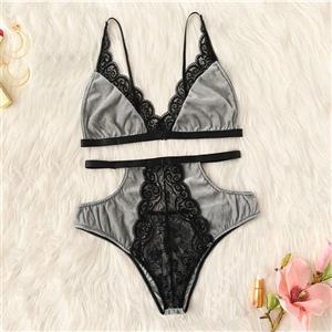 Sexy Grey Velvet Sheer Floral Lace Spaghetti Strap Triangle Bra and Panties Lingerie Set N20689