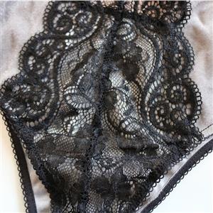 Sexy Grey Velvet Sheer Floral Lace Spaghetti Strap Triangle Bra and Panties Lingerie Set N20689