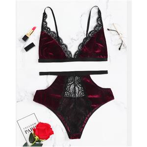 Sexy Wine-red Velvet Sheer Floral Lace Spaghetti Strap Triangle Bra and Panties Lingerie Set N20690