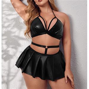 Plus Size Sexy Wet-look PU Spaghetti Straps Triangle Bra and Mini Skirt Clubwear Lingerie N22221