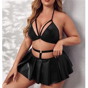 Plus Size Sexy Wet-look PU Spaghetti Straps Triangle Bra and Mini Skirt Clubwear Lingerie N22221