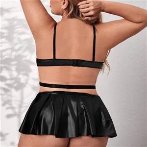 Plus Size Sexy Wet-look PU Spaghetti Straps Triangle Bra and Mini Skirt Clubwear Lingerie N22221