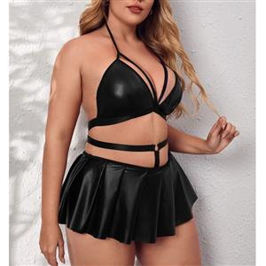 Plus Size Sexy Wet-look PU Spaghetti Straps Triangle Bra and Mini Skirt Clubwear Lingerie N22221