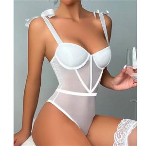 Sexy White See-through Mesh Lace-up Backless Stretchy Bodysuit Teddies Lingerie N23329