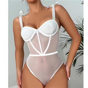 Sexy White See-through Mesh Lace-up Backless Stretchy Bodysuit Teddies Lingerie N23329