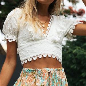 Sexy White Embroidery Lace V Neck Short Sleeve Back Cross Lace-up Crop Top N21171