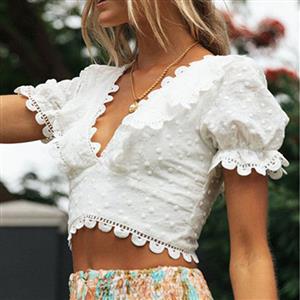 Sexy White Embroidery Lace V Neck Short Sleeve Back Cross Lace-up Crop Top N21171
