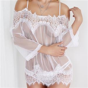 Thin and Comfortable Lingerie, Sheer Lace Babydoll, White Backless Lace Babydoll, Lace Sleepwear Dress, See-through Lace Babydoll Lingerie, Sexy White Lace Low Bra Spaghetti Straps See-through Long Sleeve Babydoll Sleepwear Lingerie,#N23047