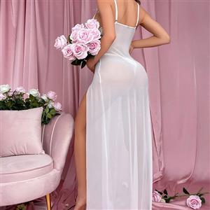 Sexy White Lace Mesh Low Bra See-through Backless Babydoll Sleepwear Long Dress N23059
