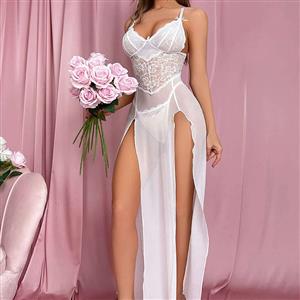 Sexy White Lace Mesh Low Bra See-through Backless Babydoll Sleepwear Long Dress N23059