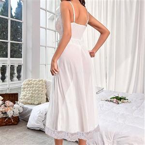 Sexy White Lace Mesh Low Bra Sheer Bowknot Backless Babydoll Sleepwear Long Dress N23385