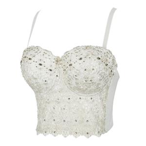 Sexy White Lace Rhinestone Spaghetti Straps Bustier Corset Crop Top N21024